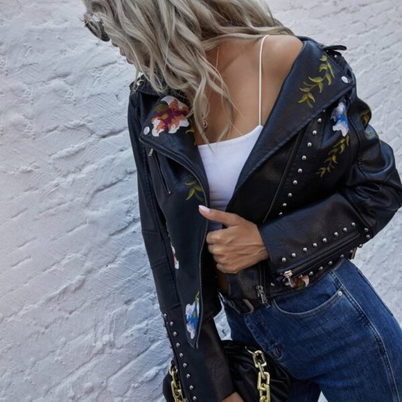Floral Embroidered faux leather biker  jacket - Picture 5 of 9